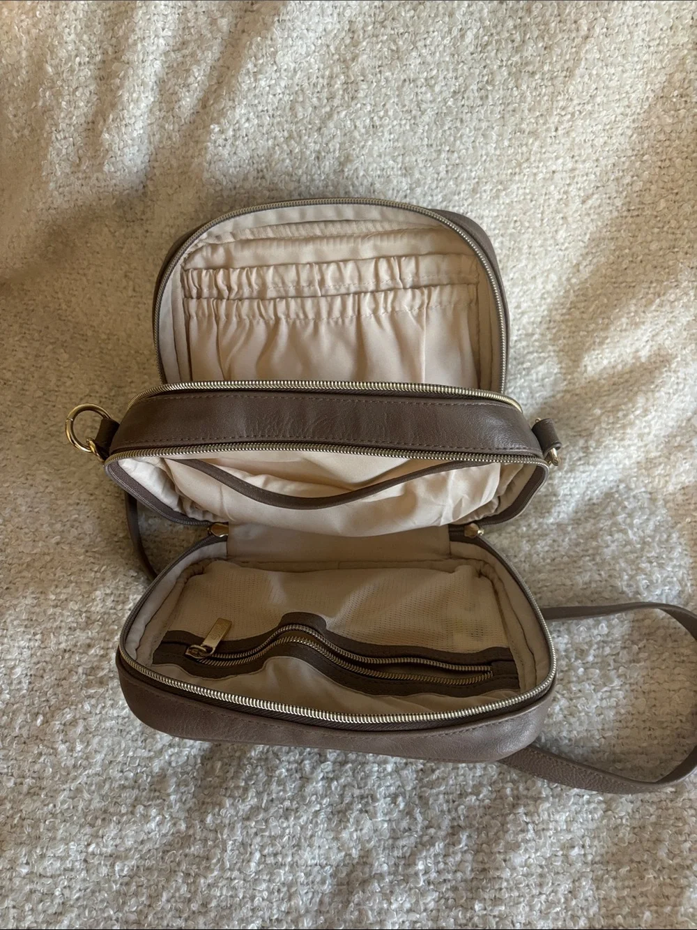 Itzy Ritzy Quilted Crossbody Mini Diaper Bag in Taupe Brown with Changing Pad